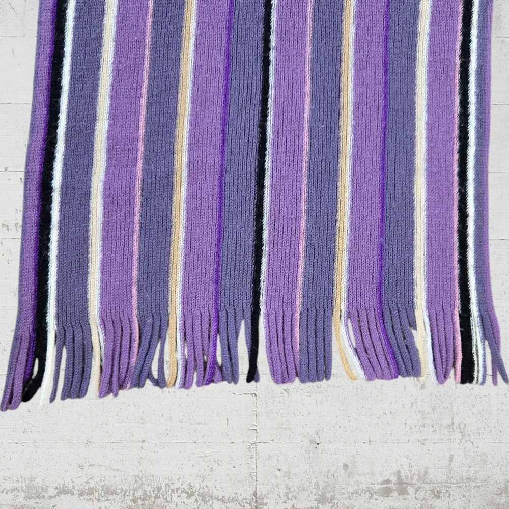 90s Vintage Purple White Striped Rectangle Fringe Wool Blend Ribbed Knit Scarf